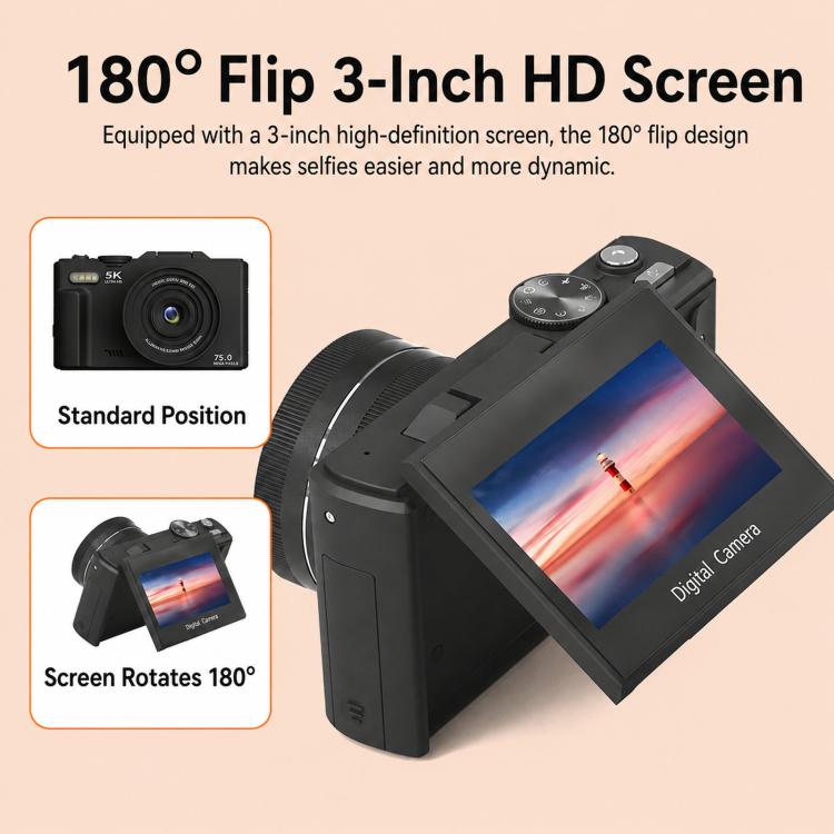 WD08 HD 5K 75MP CCD Digital Camera With Wi-Fi, Auto Focus, Beauty Filters
