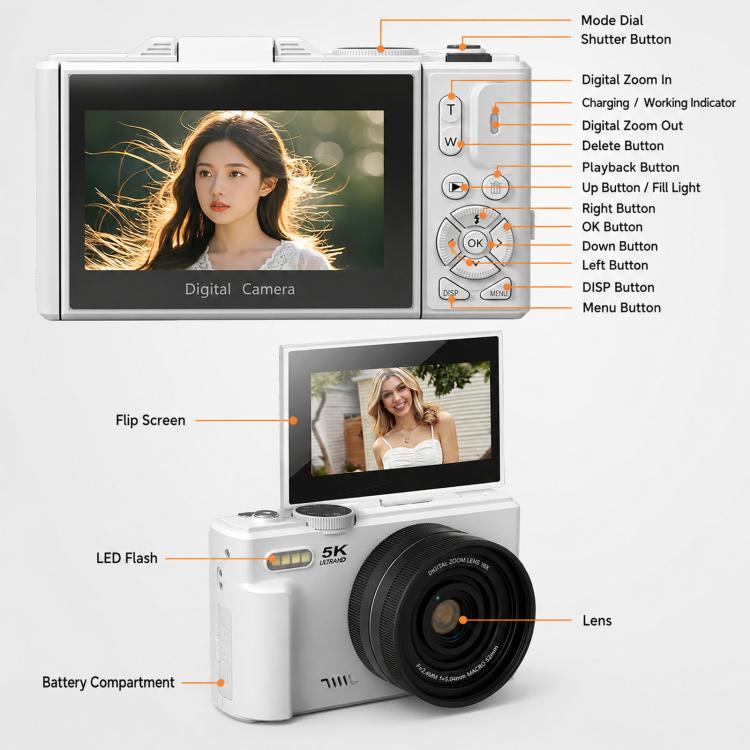WD08 HD 5K 75MP CCD Digital Camera With Wi-Fi, Auto Focus, Beauty Filters