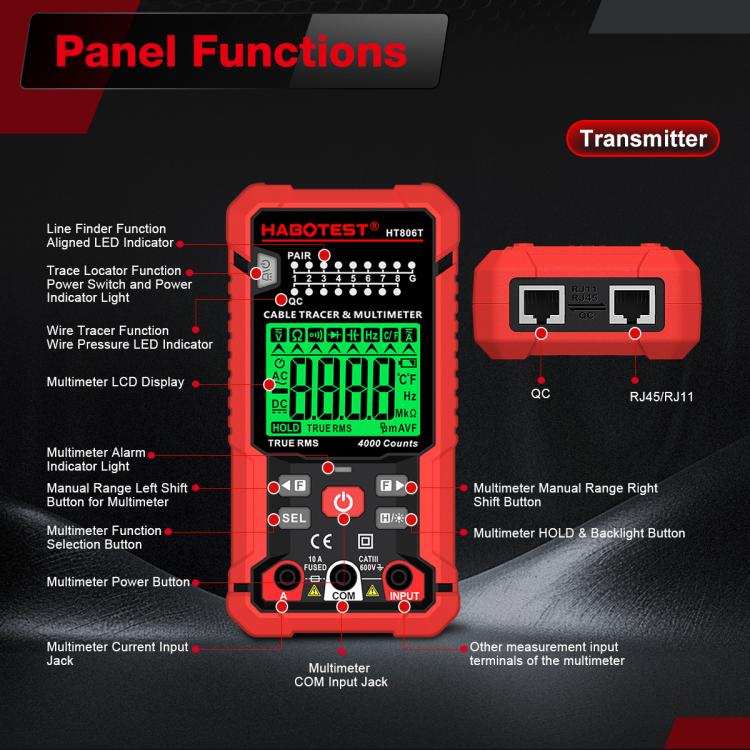HABOTEST HT806TR 2-In-1 Network Cable Tracer & Multimeter Anti-Interference Wire Tracker
