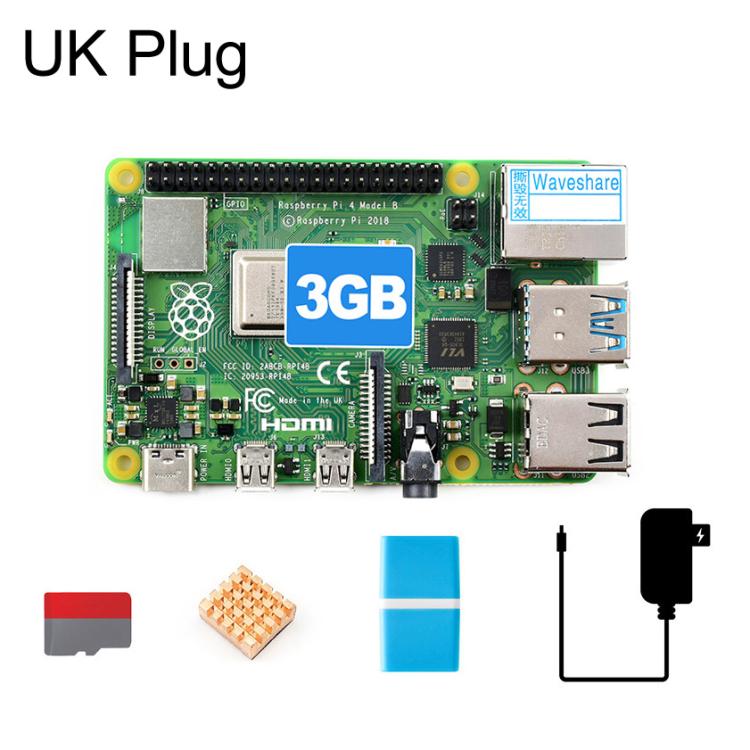 Waveshare Raspberry Pi 4 Model B Starter Kit 3GB RAM With 16GB Micro SD Card, EU Plug, US Plug, UK Plug