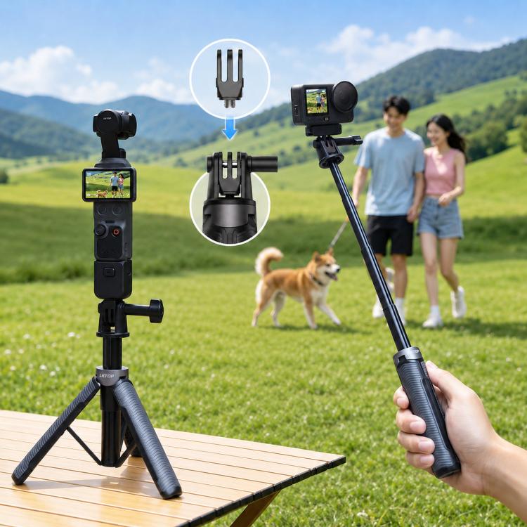 LKTOP Action Camera Tripod Selfie Stick 17.5-50cm Extendable Handheld Grip with 2-in-1 Dual Adapter
