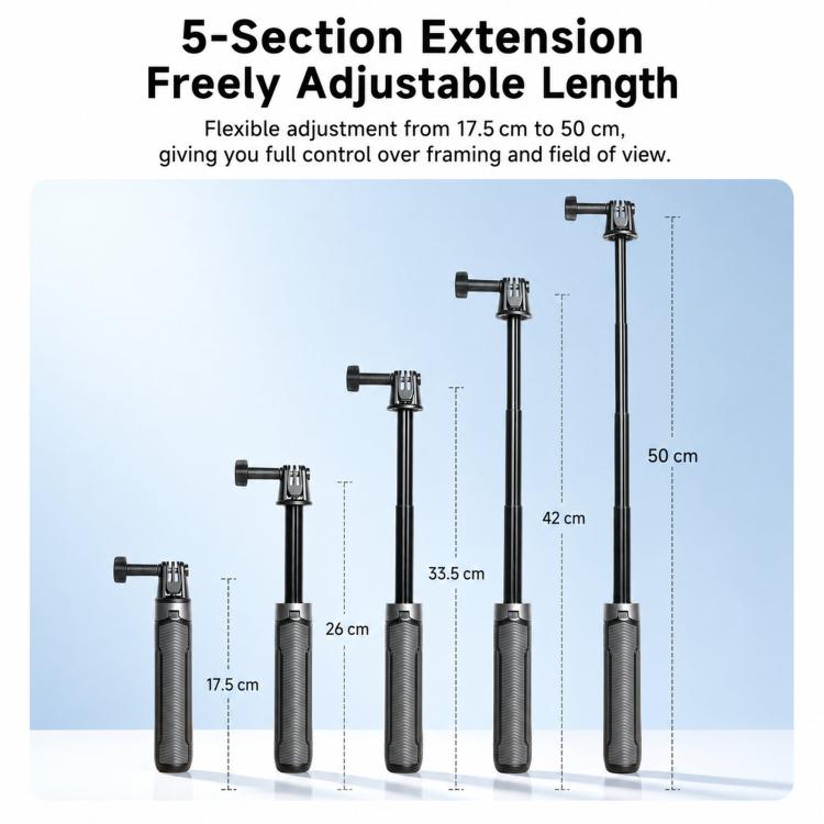 LKTOP Action Camera Tripod Selfie Stick 17.5-50cm Extendable Handheld Grip with 2-in-1 Dual Adapter