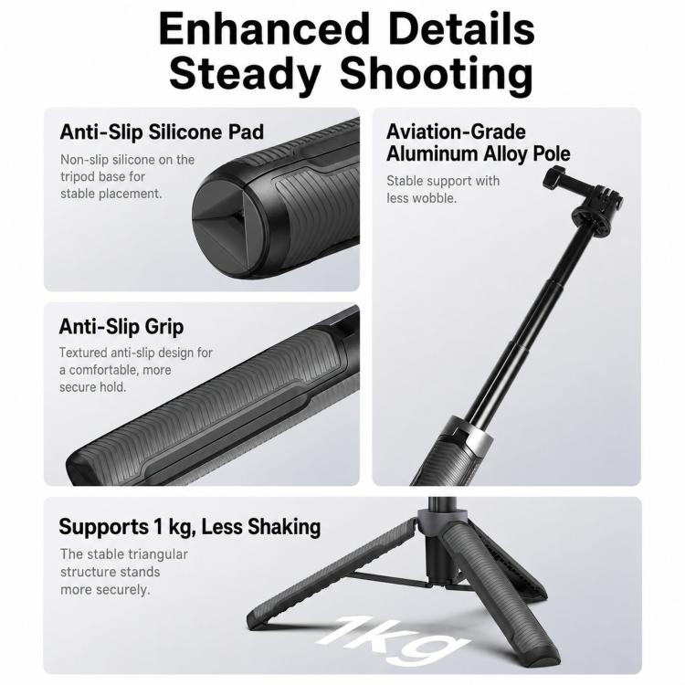 LKTOP Action Camera Tripod Selfie Stick 17.5-50cm Extendable Handheld Grip with 2-in-1 Dual Adapter