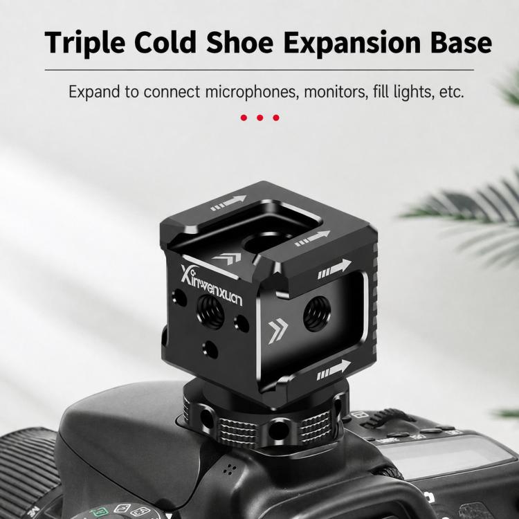 Xinwenxuan Triple Cold Shoe Mount Adapter Aluminum Camera Hot Shoe Extension Base with 1/4 Thread & ARRI Locating Hole for Mic Light, Triple Cold Shoe Mount