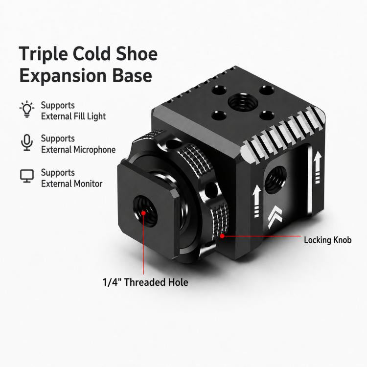 Xinwenxuan Triple Cold Shoe Mount Adapter Aluminum Camera Hot Shoe Extension Base with 1/4 Thread & ARRI Locating Hole for Mic Light, Triple Cold Shoe Mount