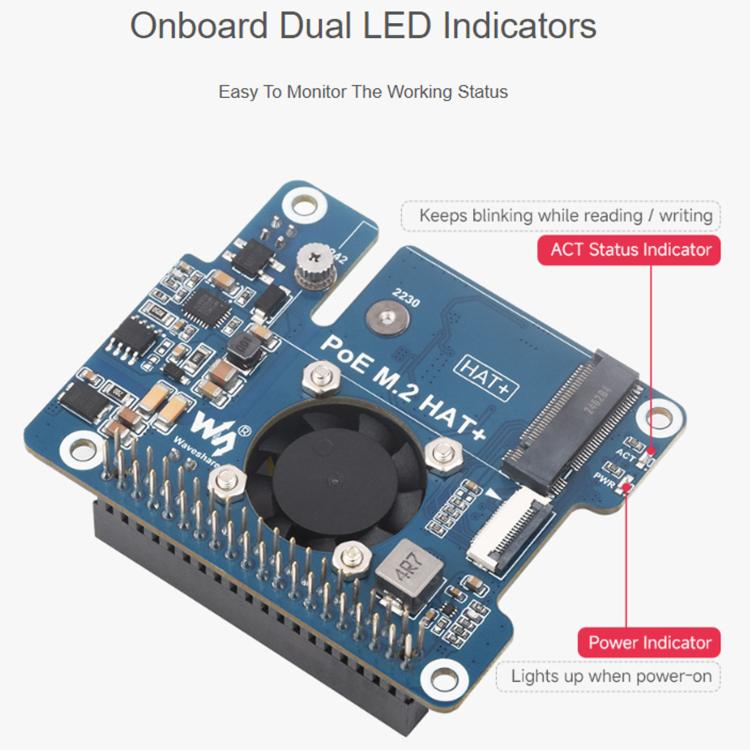 WAVESHARE For Raspberry Pi 5 PCIe To M.2 Adapter With PoE Function Supports NVMe Protocol M.2 Solid State Drive, With Connector Pins, No Connector Pins