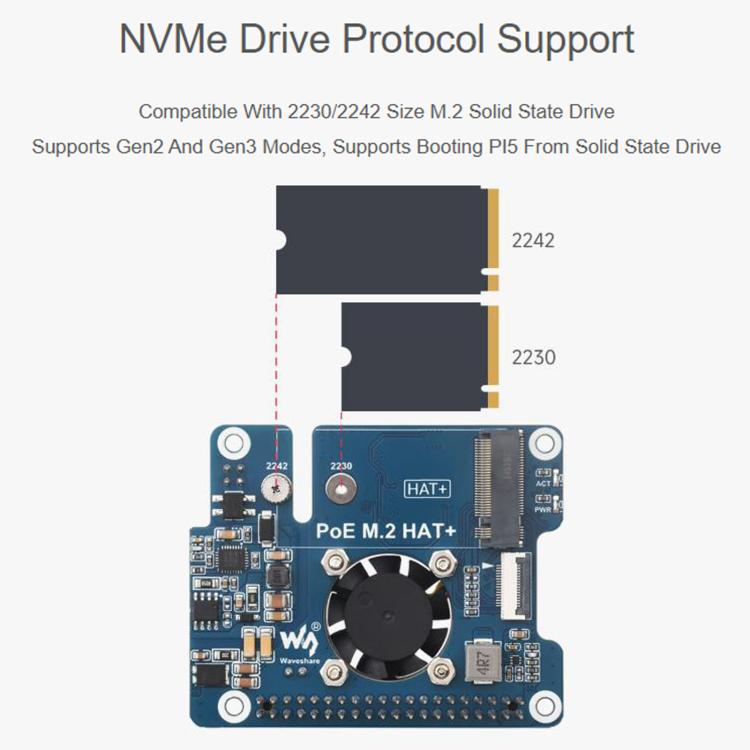 WAVESHARE For Raspberry Pi 5 PCIe To M.2 Adapter With PoE Function Supports NVMe Protocol M.2 Solid State Drive, With Connector Pins, No Connector Pins