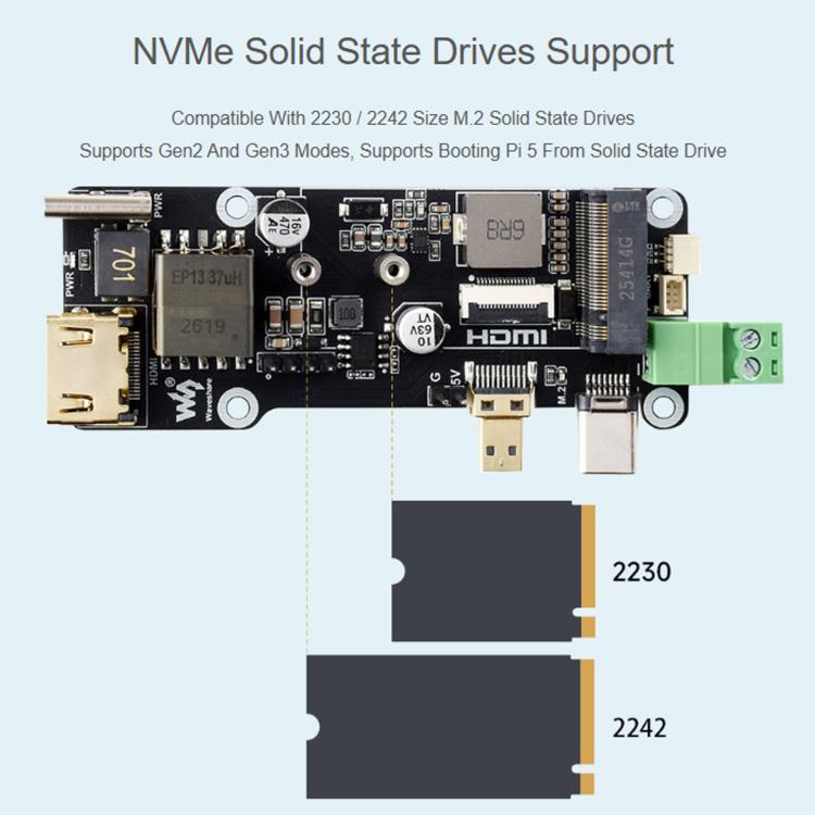 For Raspberry Pi PCLE To M.2 Multifunctional Adapter 4K Output Onboard PoE Power Supply, 35344