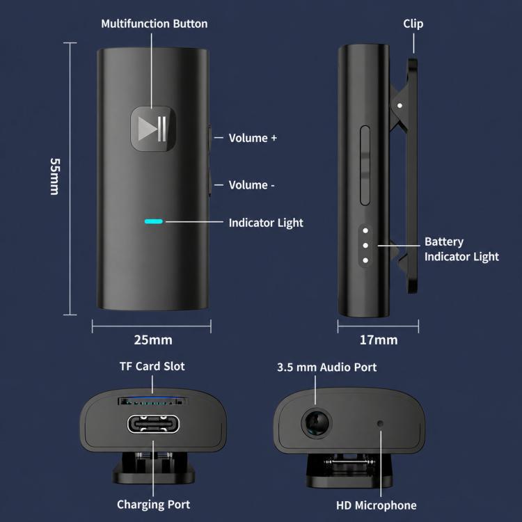 Clip-On Bluetooth 5.0 Audio Receiver 3.5mm AUX Adapter with TF Card Player, HD Mic, A90