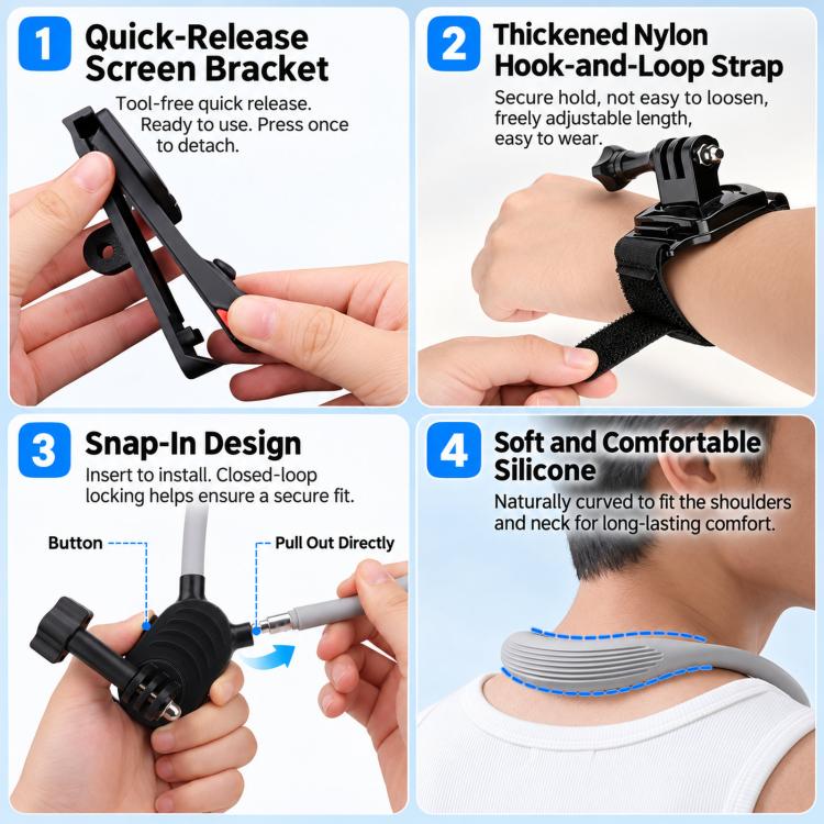 For Insta360 Luna Ultra Quick Release Neck Mount and Wrist Strap Kit Hands-Free Cycling POV Harness Bracket Set, Neck Mount and Wrist Strap Kit
