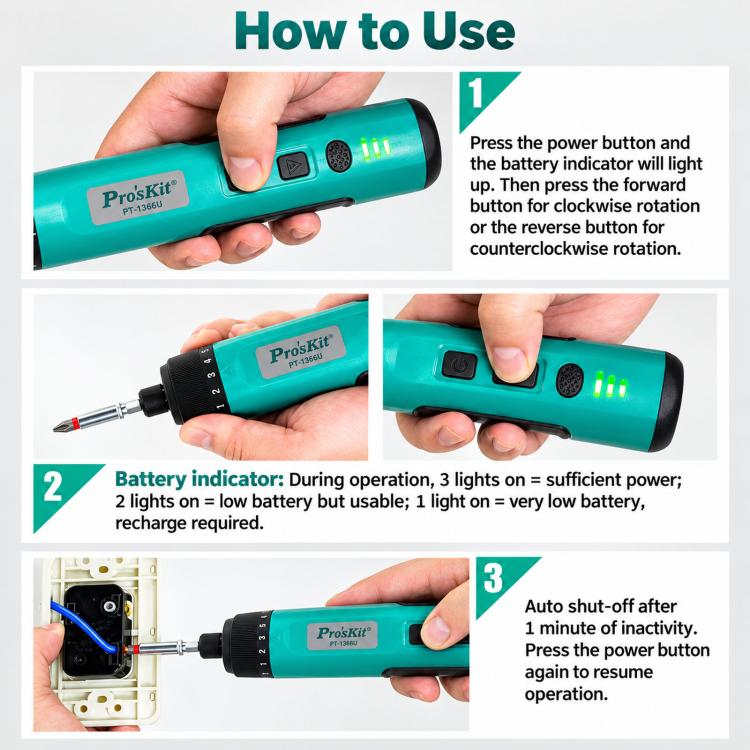 High Torque Rechargeable Wireless Electric Screwdriver Set With Light & Power Indicator, PT-1366U