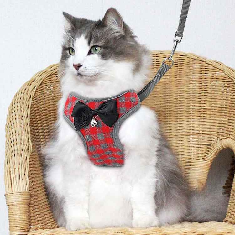 Adjustable Bow Plaid Vest Lead Pull Rope Leash for Cat Dog Pet, Red, Blue, Gray, Pink, Yellow