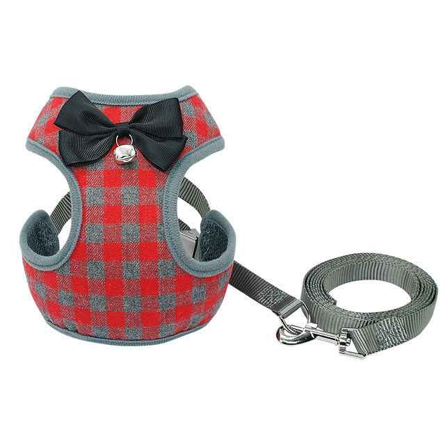 Adjustable Bow Plaid Vest Lead Pull Rope Leash for Cat Dog Pet, Red, Blue, Gray, Pink, Yellow