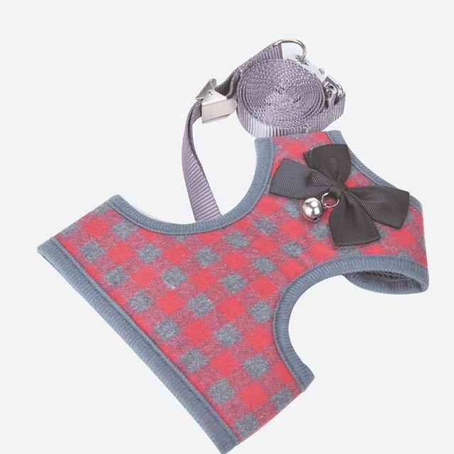 Adjustable Bow Plaid Vest Lead Pull Rope Leash for Cat Dog Pet, Red, Blue, Gray, Pink, Yellow
