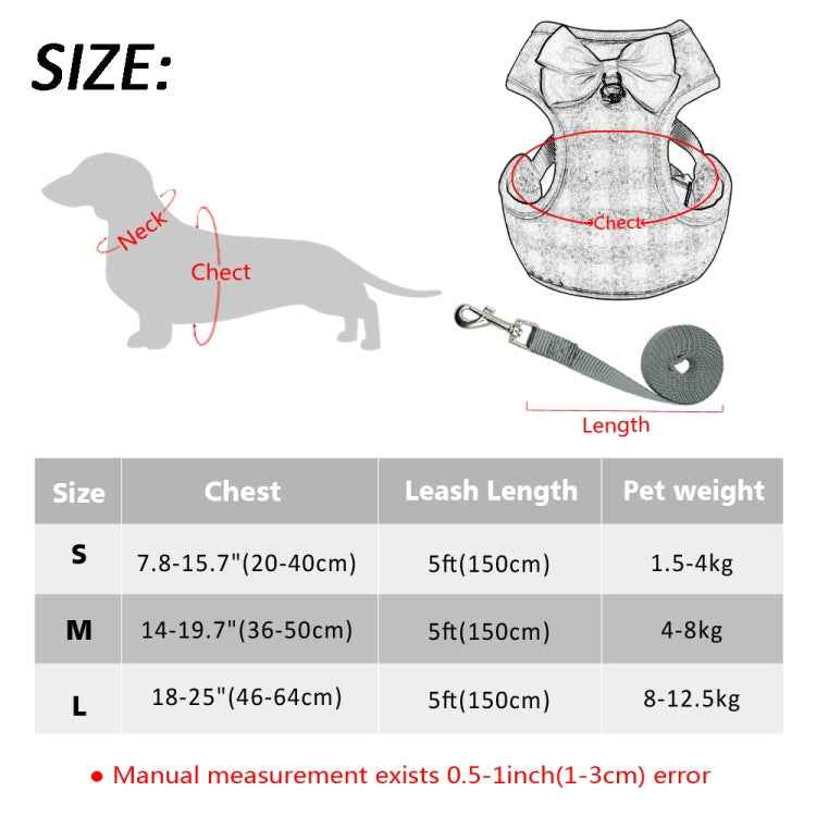 Adjustable Bow Plaid Vest Lead Pull Rope Leash for Cat Dog Pet, Red, Blue, Gray, Pink, Yellow