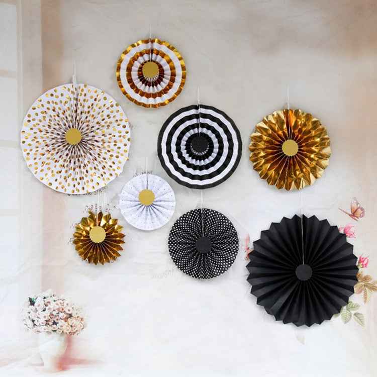 2 Sets Bronzing Paper Fan Flower Set Birthday Holiday Wedding Party Decoration, Bronzing 8pcs, Hot Silver 8pcs, Black 8pcs, Rose Gold 8pcs, Champagne Gold 8pcs, Colorful Hollow 8pcs, Bronzing 6pcs