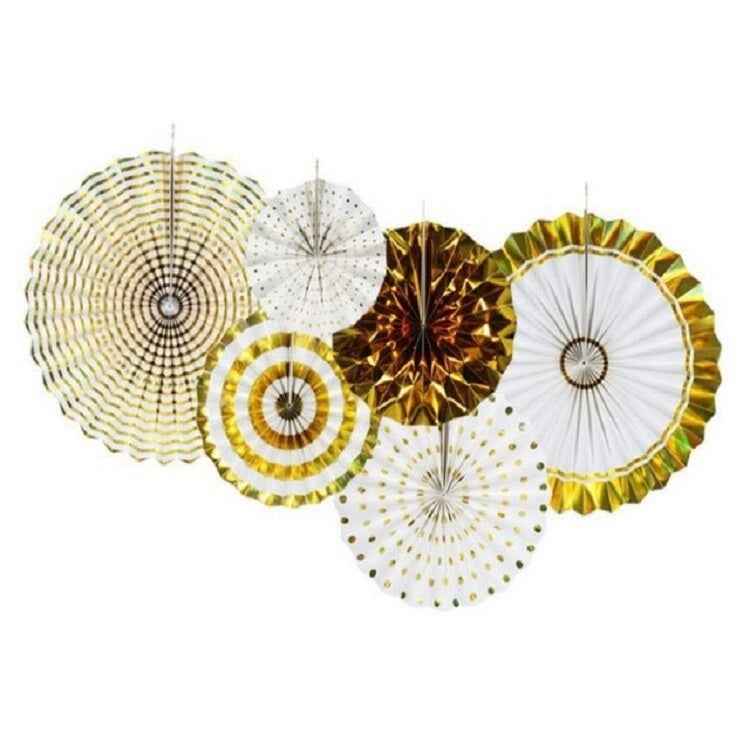 2 Sets Bronzing Paper Fan Flower Set Birthday Holiday Wedding Party Decoration, Bronzing 8pcs, Hot Silver 8pcs, Black 8pcs, Rose Gold 8pcs, Champagne Gold 8pcs, Colorful Hollow 8pcs, Bronzing 6pcs