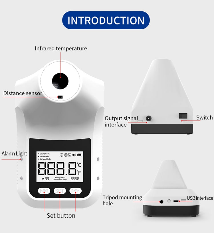 K3 Pro Handsfree Non-contact Forehead Body Light-sensitive Distance Sensor Infrared Thermometer, 2.8 inch LCD Display Screen
