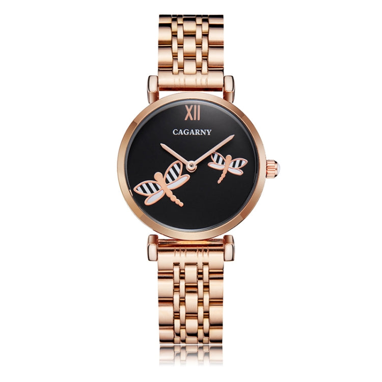 CAGARNY 6880 Fashion Life Waterproof Dragonfly White Background Gold Steel Band Quartz Watch