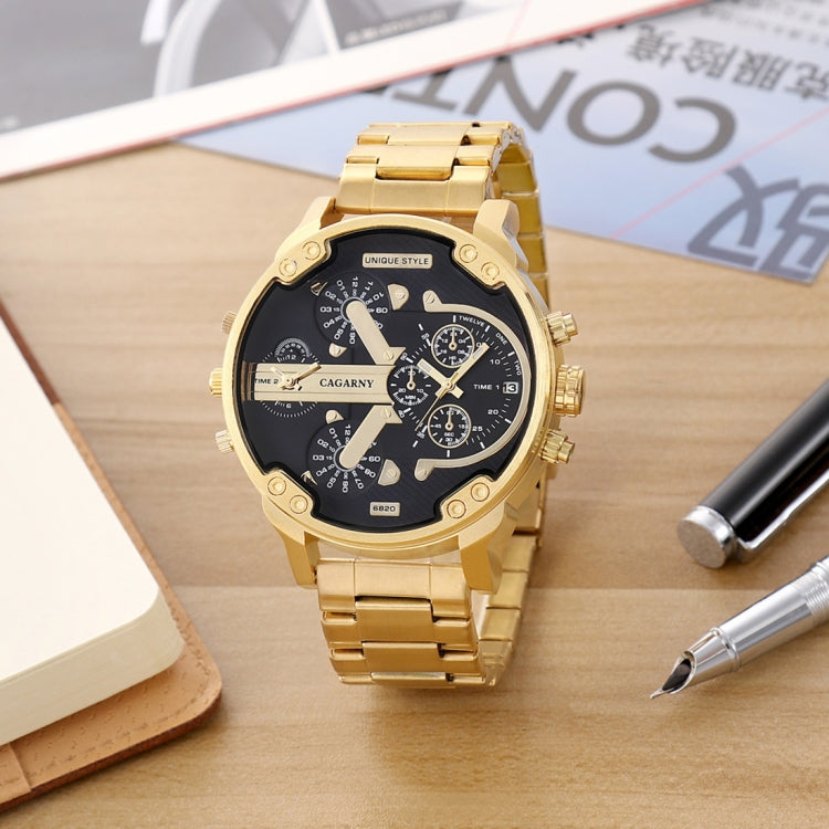 CAGARNY 6820 Fashionable Business Style Large Dial Calendar Display Men Quartz Dual Movement Watch with Stainless Steel Band (Gold + White)