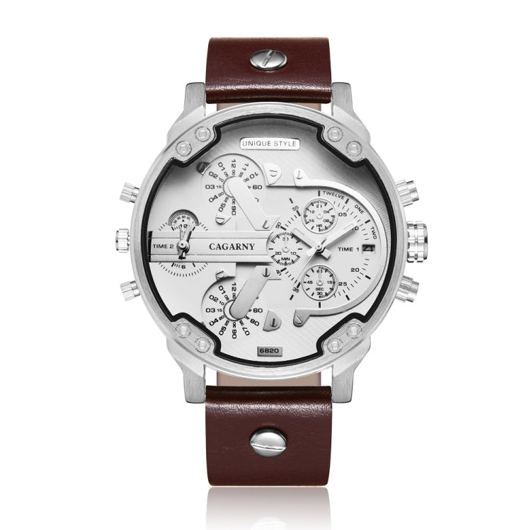 CAGARNY 6820 Fashionable Multifunctional Style Quartz Business Sport Wrist Watch with Leather Band & GMT Time & Calendar & Luminous Display for Men(Brown Band White Window)