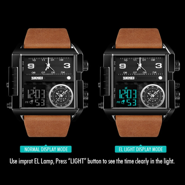 SKMEI 1391 Multifunctional Men Business Digital Watch 30m Waterproof Square Dial Wrist Watch with Leather Watchband