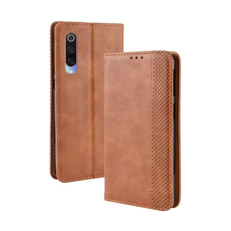 Étui à rabat horizontal en cuir à texture rétro avec boucle magnétique pour Xiaomi Mi 9, avec support, emplacements pour cartes et portefeuille.