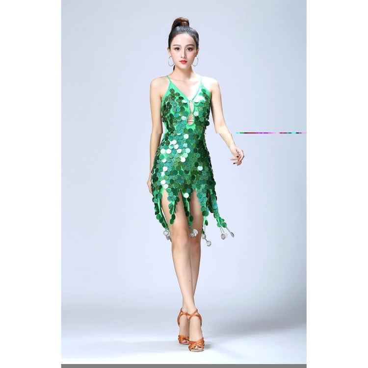 Sling Sequin Deep V Latin Dance Dress Competition Performance Costume, Free Size