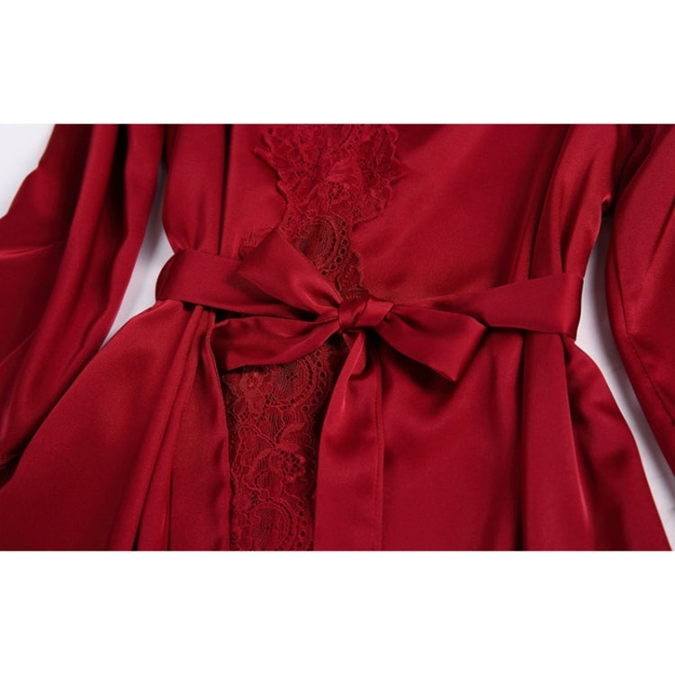 2 in 1 Ladies Lace Silk Sling Nightdress + Cardigan Nightgown Set (Color:Light Grey Size:M)