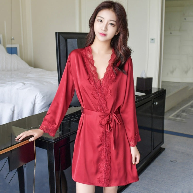 2 in 1 Ladies Lace Silk Sling Nightdress + Cardigan Nightgown Set (Color:Light Grey Size:M)