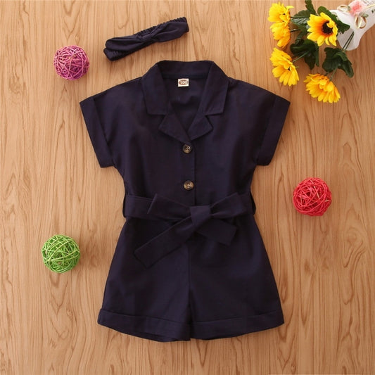 Girls Short-sleeved Single-breasted Jumpsuit