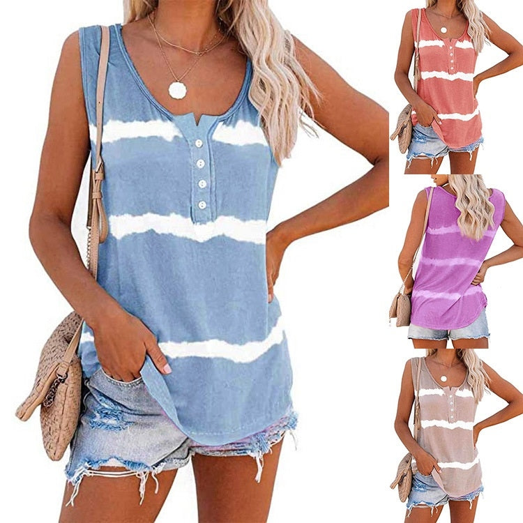 Loose Tie-dye Striped Printed Vest T-shirt for Ladies (Color:Green Size:S)