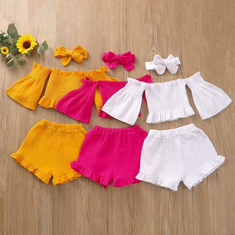 Girls One-shoulder Pleated Flared Sleeve Shorts Three-piece Suit (Color:Rose Red Size:120cm)