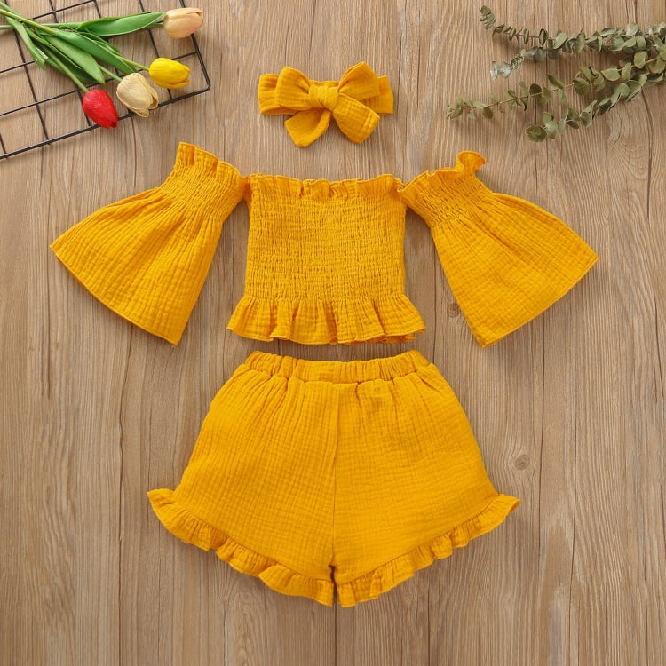 Girls One-shoulder Pleated Flared Sleeve Shorts Three-piece Suit (Color:Rose Red Size:120cm)